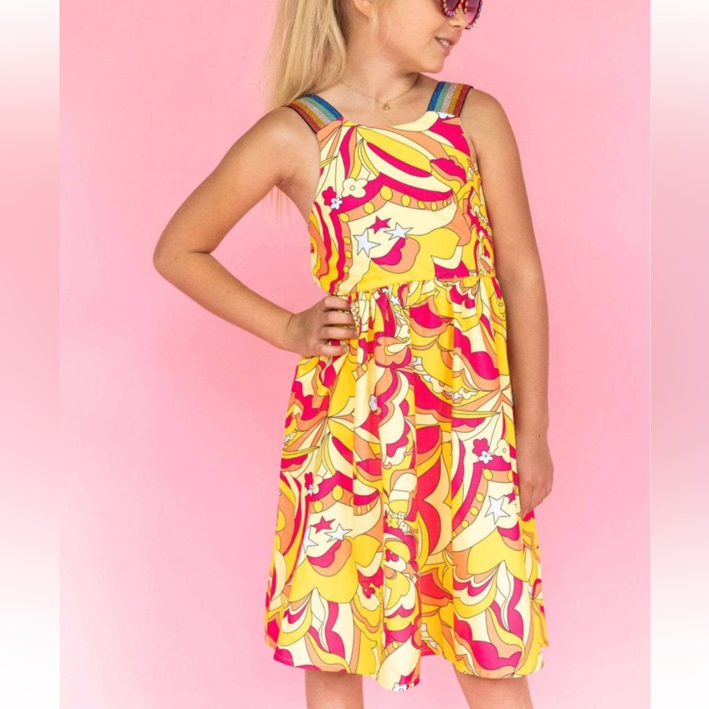 Lola + The Boys Rainbow Straps Stars Dress Girls 14 Yellow Orange Pink Kidcore